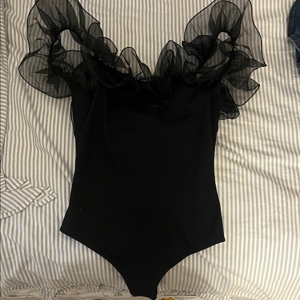 Free People Black Ruffled Bodysuit